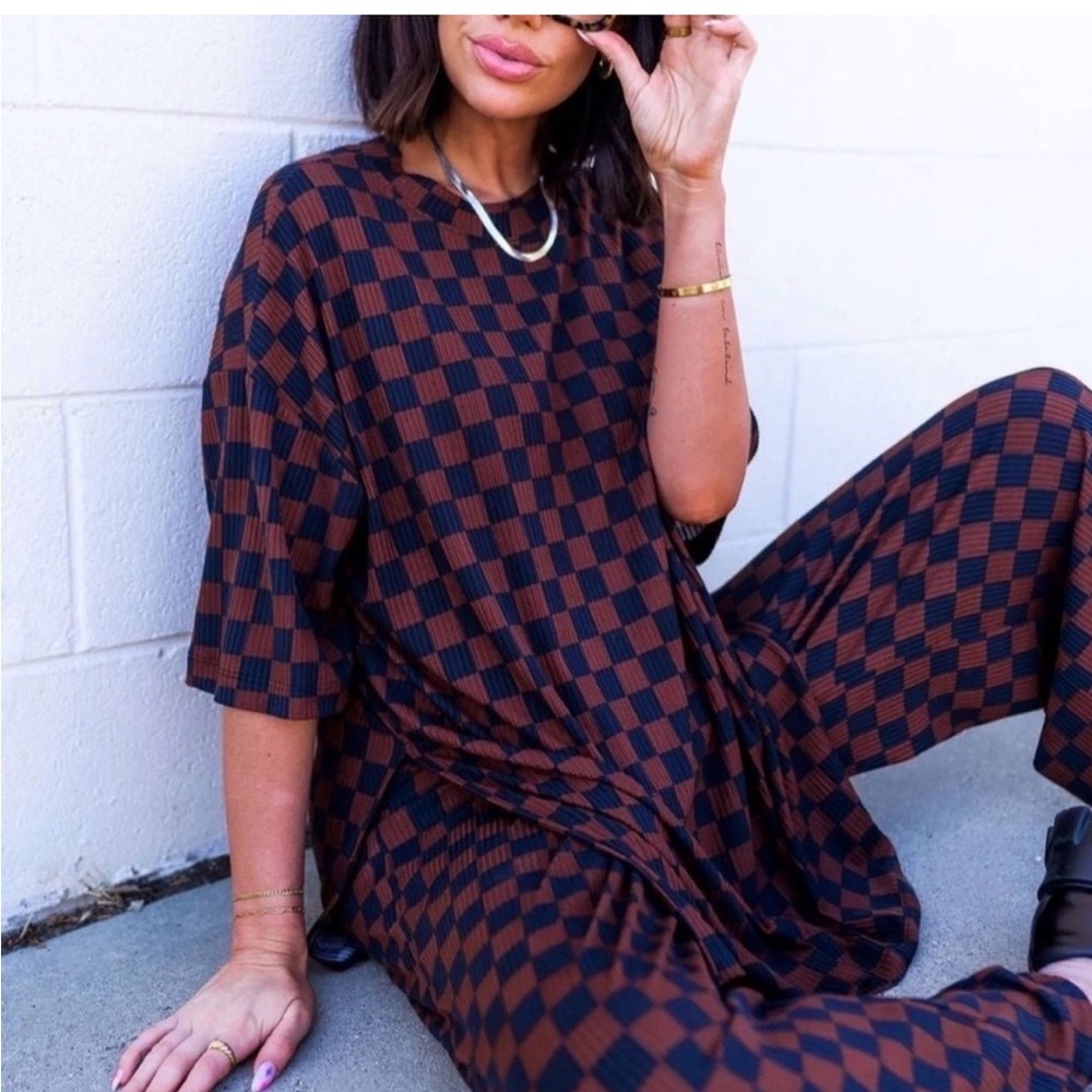 Dressed in LALA Lex Checkered Brown and Black Women's pant/shirt set